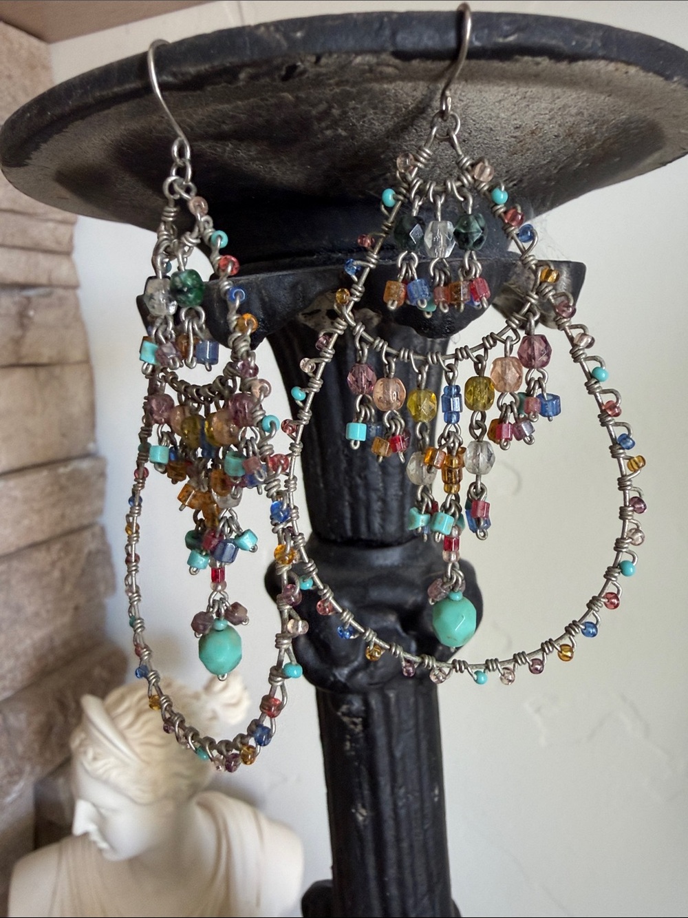 Multi-Color Beaded Hoop Earrings - Turquoise Accent